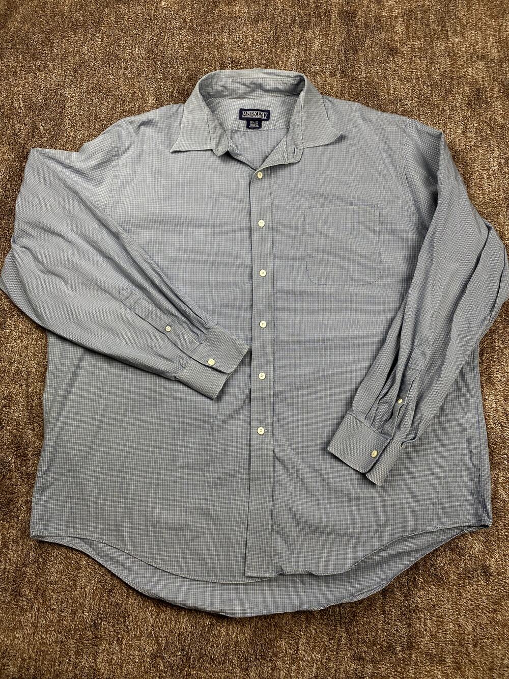 Vintage Lands End Mens XL Dress Shirt 17 1/2 35 Blue Yellow Micro Check Cotton